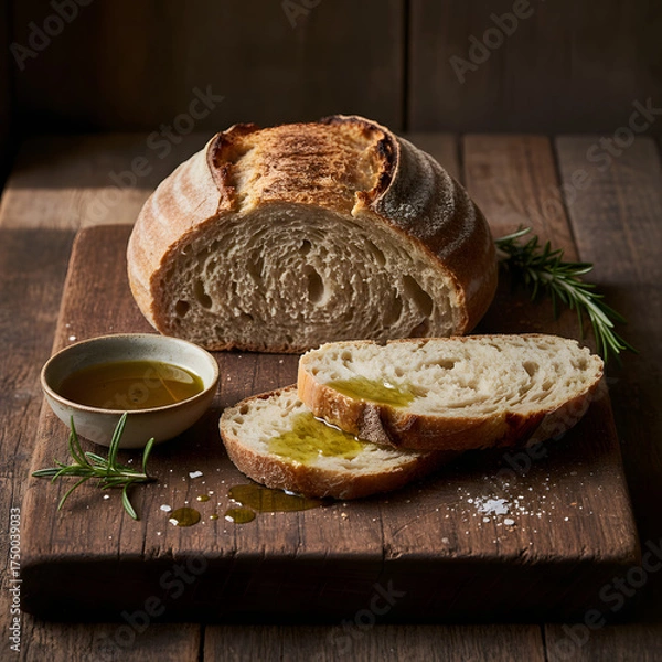 Fototapeta Rustic bread with olive oil and olives on wooden board