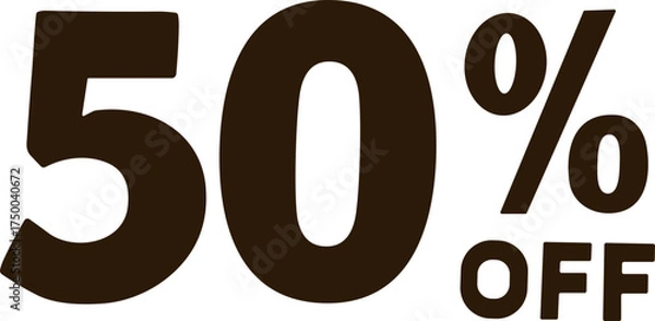 Fototapeta Bold dark brown text reading “50% OFF” representing a large sale discount for retail, marketing, or promotional materials.