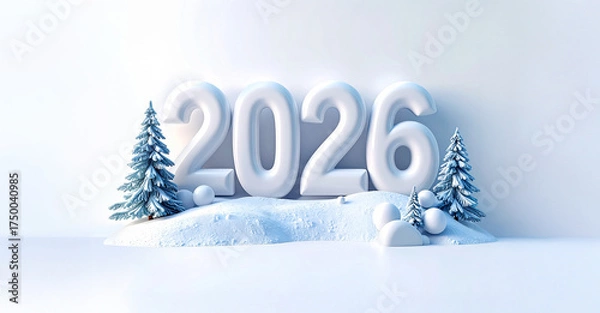 Fototapeta Composition in white, blue tones, three-dimensional 3D numbers 2026, pile snow, Christmas trees, balls. Greeting card, mockup, banner. New Year, Christmas concept. Winter holiday background, wallpaper