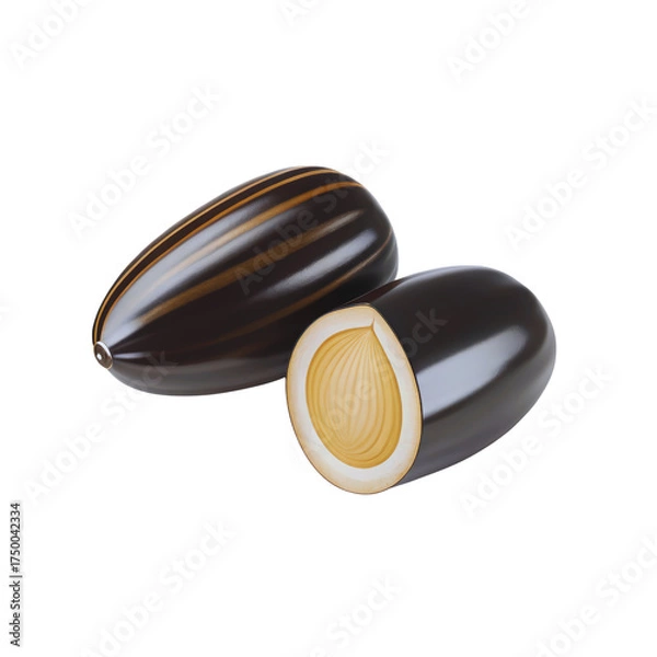 Obraz Two dark striped seeds with one cut open revealing a light colored inner kernel