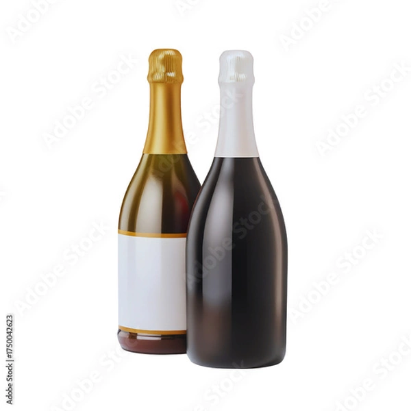Obraz Two elegant bottles of sparkling wine with golden and white foil on a dark background