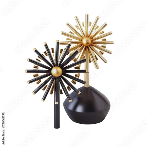 Obraz Two elegant black and gold starburst decorative objects resembling spiky dandelions against a dark background