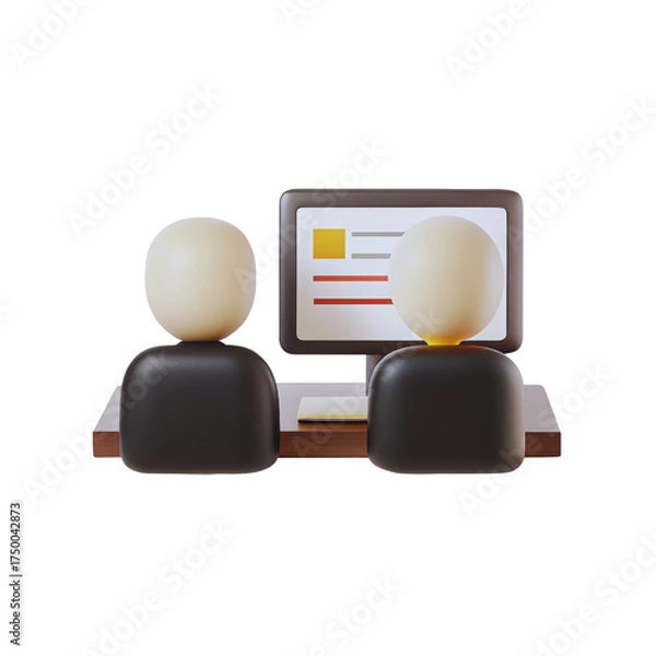 Obraz Two faceless stylized people figures sit at a wooden desk viewing a computer monitor displaying information