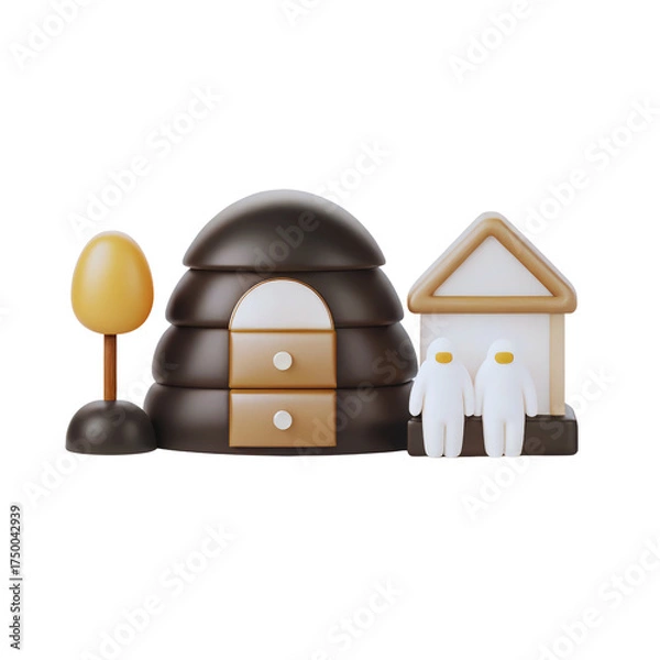 Obraz Two figures stand near a beehive and house in a minimalist 3D rendering on