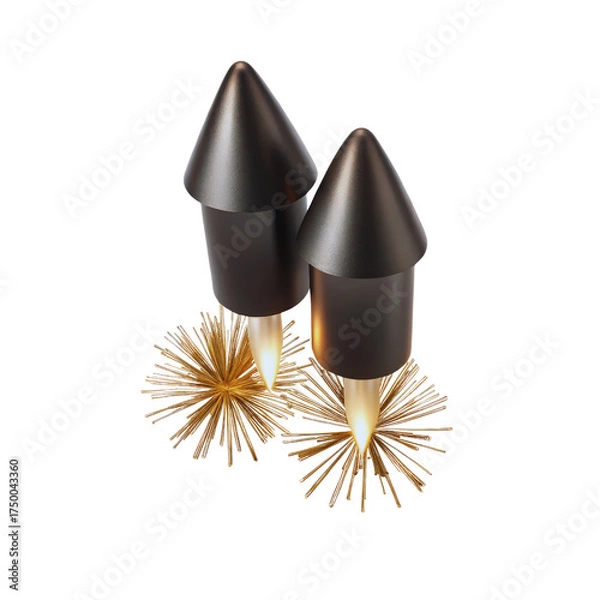 Obraz Two metallic 3D rendered rockets launching with golden fiery bursts against a dark background