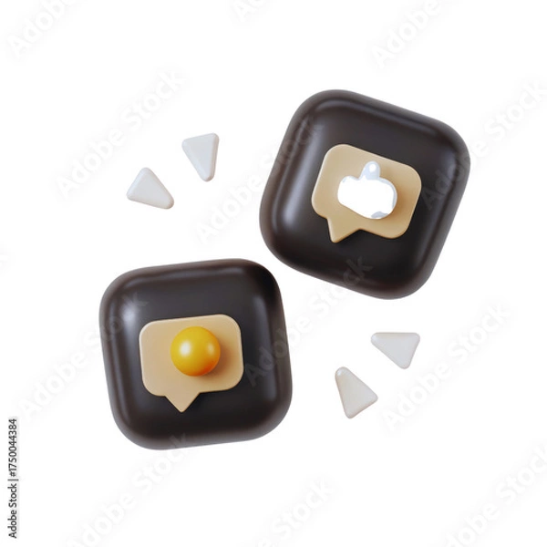 Obraz Two three dimensional chat bubble icons float with white triangular accents on a dark surface