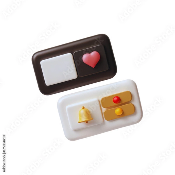 Obraz Two user interface elements display a red heart, a golden bell, and colorful slider controls