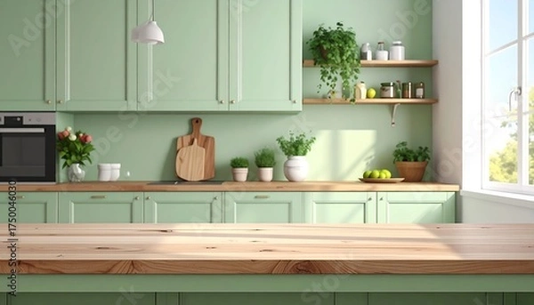 Fototapeta Green Kitchen Cabinets with Wooden Countertop.