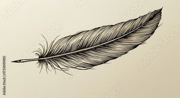 Obraz Detailed illustration of a single feather with intricate shading and fine lines on a neutral background