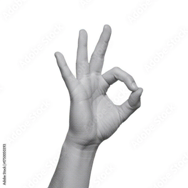 Fototapeta hand making OK gesture isolated on white background, symbolizing approval, success, and positivity in retro pop art style