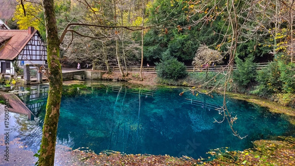 Obraz View of the small pond Blautopf with turquoise water in Blaubeuren, Germany in autumn day.