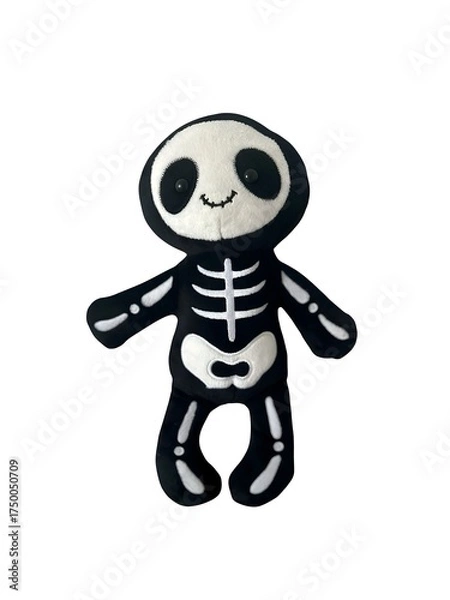 Fototapeta Adorable black and white skeleton plush toy with smiling face. Halloween or kids toy concept with funny spooky design.