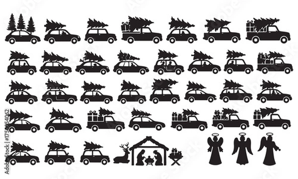 Fototapeta Christmas Car and Nativity Silhouette Vector Bundle -