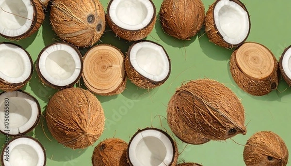 Fototapeta Fresh Coconuts on a Green Surface.
