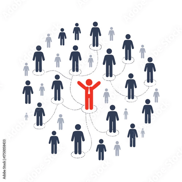 Fototapeta Leadership Network Illustration Showing Central Figure Connecting and Influencing a Global Community of People