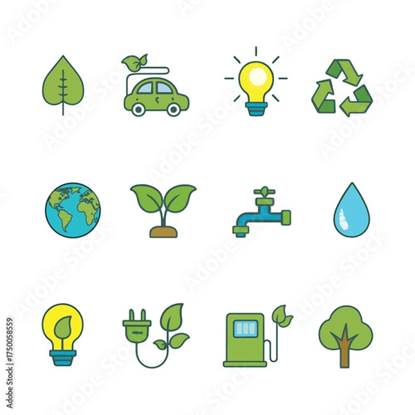 Obraz Eco-Friendly Energy and Sustainability Icons Representing Green Living, Renewable Resources, and Environmental Conservation Design