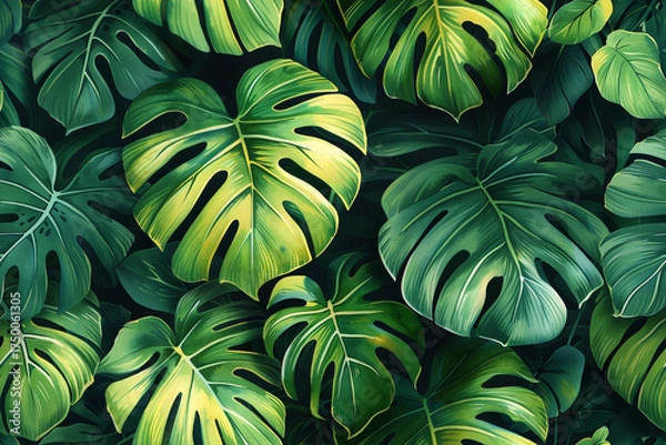 Fototapeta Vibrant seamless pattern of lush tropical leaves in rich green tones