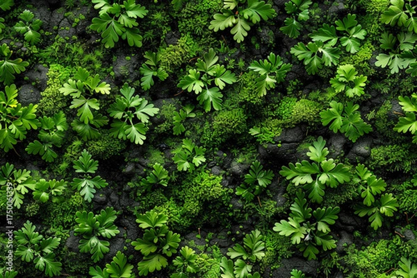 Fototapeta Vibrant green seamless pattern of leaves and moss on dark surface