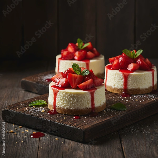 Fototapeta Three delicious cheesecake slices topped with fresh strawberries on a dark wooden board, rustic style dessert photography