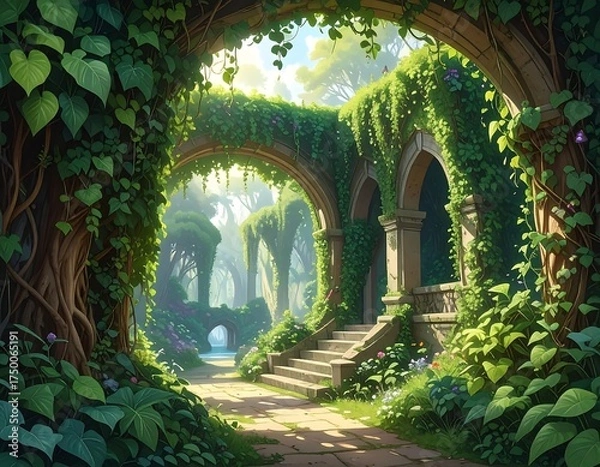 Fototapeta Ancient overgrown ruins, lush jungle path, serene nature.