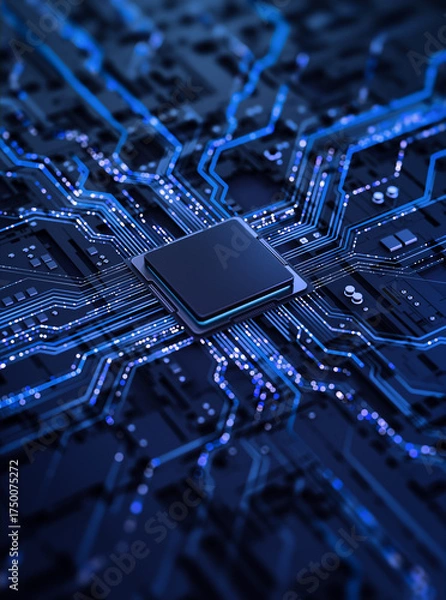 Fototapeta Processor chip on circuit board with copy space for design