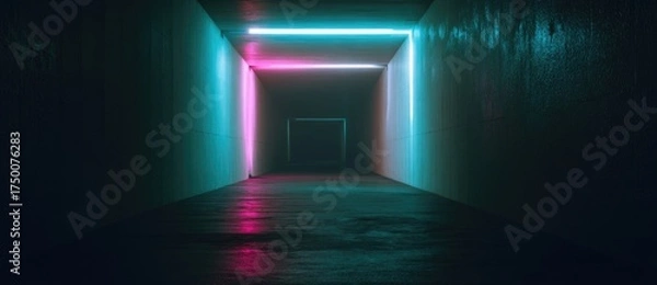 Obraz Neon lights illuminate an empty corridor at night
