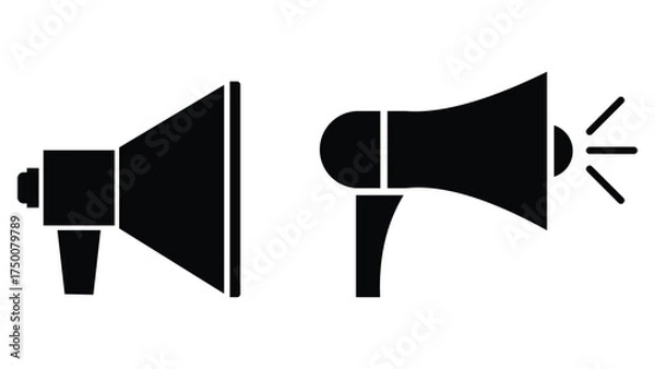Obraz Black Megaphone Icon Vector Set – Minimal Silhouette Loudspeaker with Sound Waves for Announcement, Promotion, and Communication Design