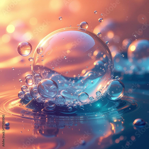 Fototapeta Captivating macro shot of water bubbles, reflecting a warm sunset palette, creating a serene and dreamy aquatic atmosphere