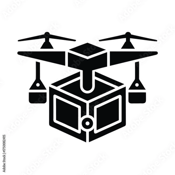 Fototapeta Black drone carrying a package icon On Transparent Background