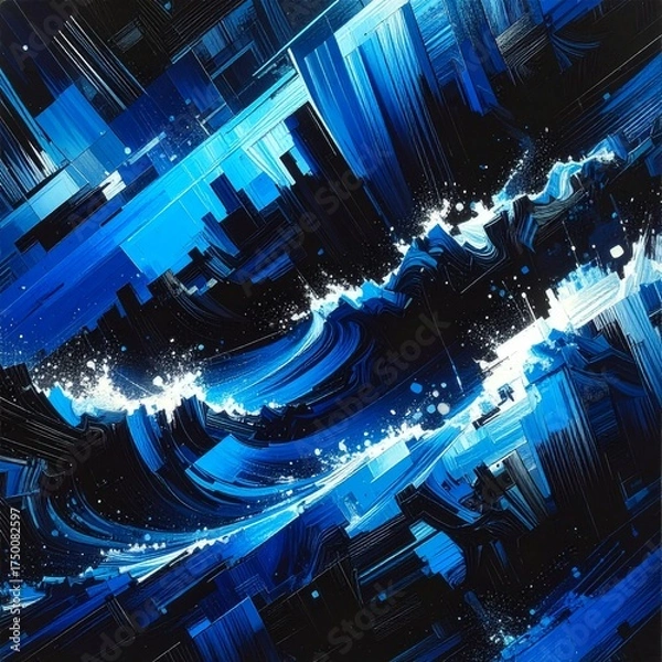 Fototapeta An abstract cityscape is rendered with bold brushstrokes of blue and black, creating a dynamic and modern composition