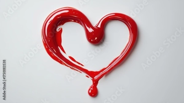Fototapeta Creative minimalist composition with red liquid drop forming heart shape on white background, donation and saving lives concept