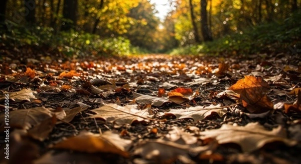 Obraz Forest path with fallen leaves and sunlight