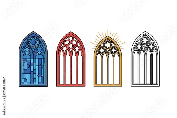 Obraz Colorful gothic window designs: blue, red, gold, and black arched art. Colorful icons set illustrated