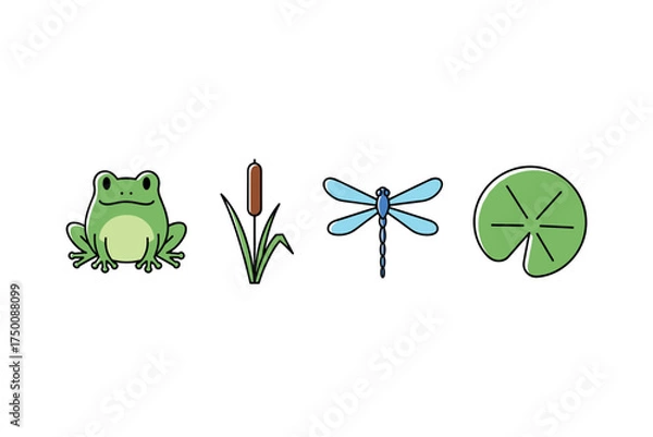 Fototapeta Frog, cattail, dragonfly, and lily pad illustrations - nature symbols. Colorful icons set illustrated