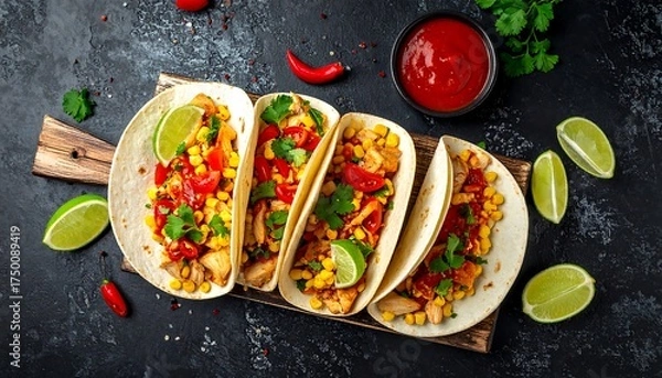 Fototapeta A close-up overhead shot shows four delicious tacos filled with colorful ingredients, accompanied by lime wedges and a bowl of red sauce