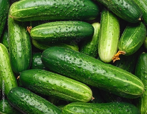 Fototapeta A close-up overhead shot showing a pile of fresh, green cucumbers. Some have tiny bumps and hairs on their skin