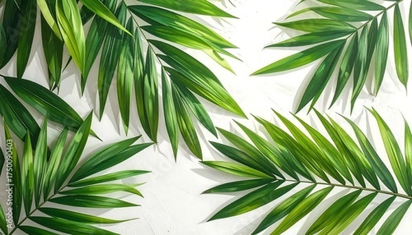 Fototapeta A close-up overhead view showcases lush green palm fronds, arranged against a stark white background, with soft shadows