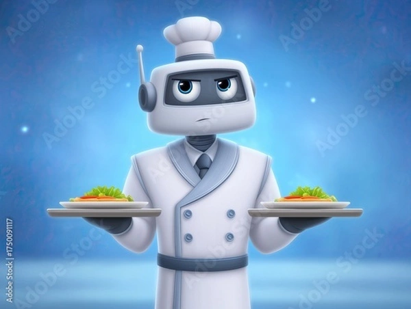 Fototapeta Robot chef character in a white uniform, holding two plates of colorful food, showcasing culinary skills in a whimsical kitchen environment with a vibrant blue background
