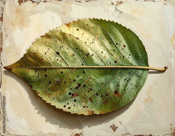 Fototapeta A close-up painting of a single, detailed leaf with a variety of greens, browns, and hints of yellow. Dark spots dot the surface