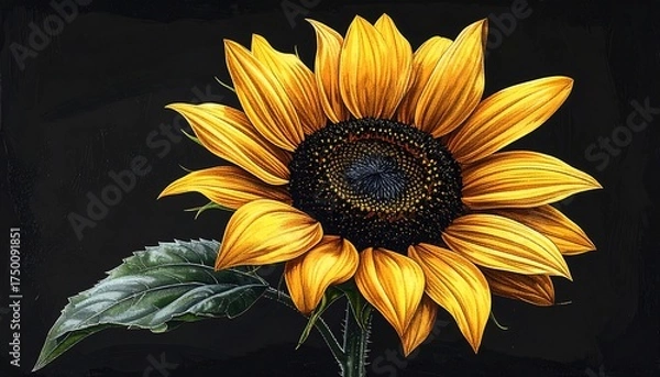 Fototapeta A close-up painting of a vibrant sunflower, radiating warmth. It has bright yellow petals, a dark seed head, and a single green leaf