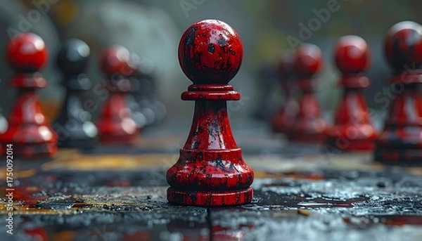 Fototapeta A close-up perspective highlights a central red pawn on a chessboard. Blurred pieces in red and black fill the background, set in a weathered setting