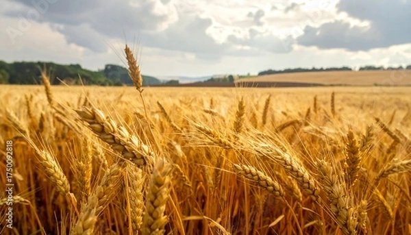 Fototapeta A close-up perspective of a golden wheat field under a partly cloudy sky. The foreground is sharply focused, drawing attention to the ripened grains