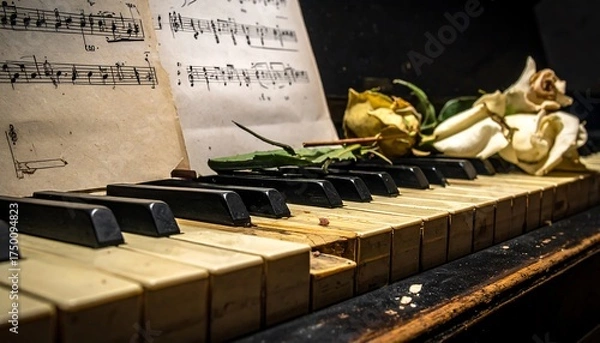 Fototapeta A close-up perspective showcases aged piano keys, sheet music, and wilted, pale roses, suggesting a scene of melancholy music