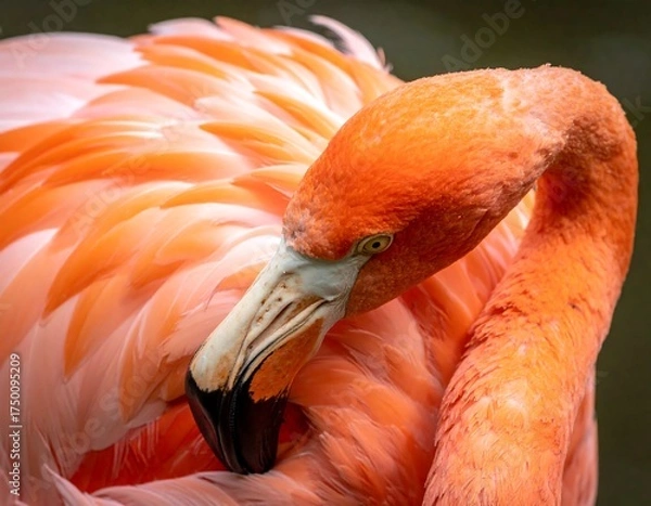 Fototapeta A close-up photo captures a vibrant pink and orange feathered bird, possibly a flamingo, preening its plumage with its distinctive curved beak