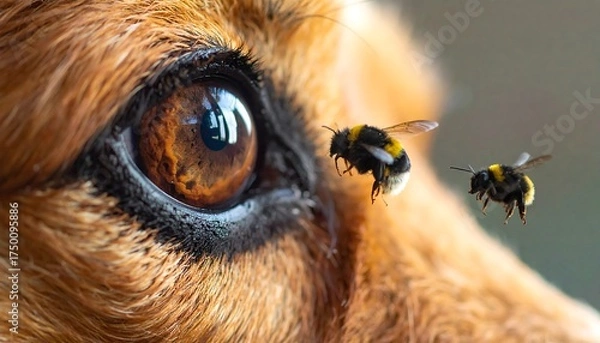 Fototapeta A close-up photo captures the intricate details of a canine's eye, with two bees in mid-flight nearby, creating a moment of curiosity