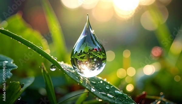 Fototapeta A close-up photo features a large, perfectly formed water droplet reflecting the vibrant green of surrounding foliage. Sunlight shines