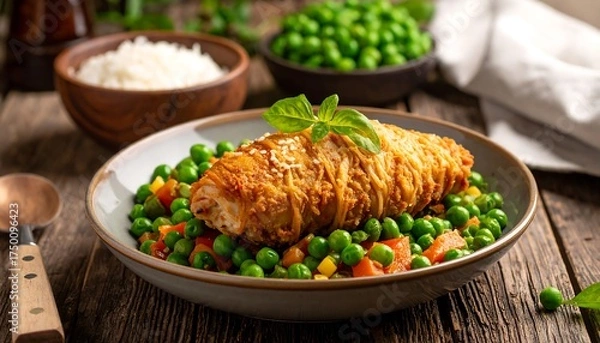 Fototapeta A close-up photo displays a prepared meal on a wooden table. The main course is wrapped in a crispy outer layer, alongside colorful vegetables