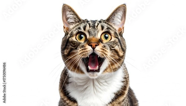 Fototapeta A close-up photo features a tabby cat with wide, startled eyes and an open mouth on a stark white backdrop. The cat appears to be vocalizing