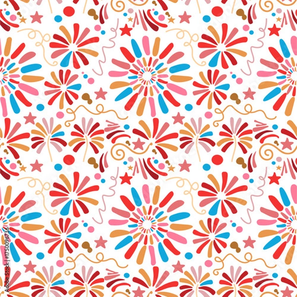 Fototapeta Fireworks party seamless pattern, bright colors, fireworks display, blue, yellow, red, and white, holiday, celebration, 4th of July, New Year's Celebration, pattern, art decoration, vector