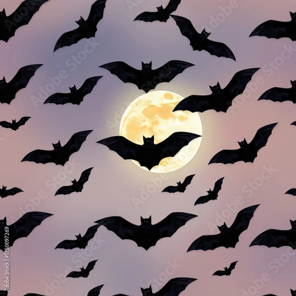 Obraz Seamless pattern of a dynamic flock of flying bats silhouetted flying bats over glowing night gradient moonlit sky. Ideal for fabric prints, banners, and decorative wrapping.eps
